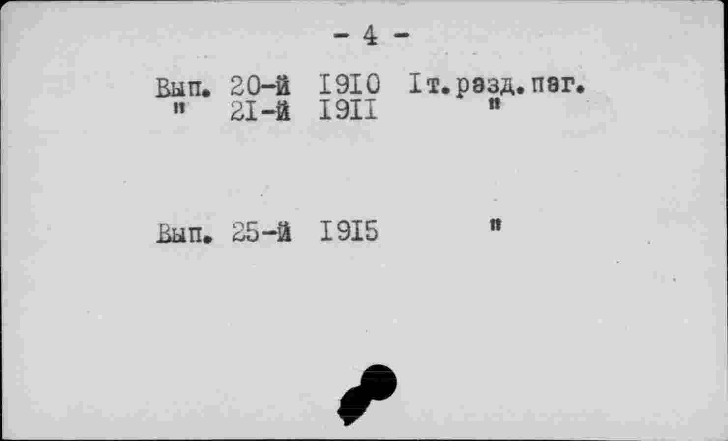 ﻿- 4 -
Вып. 20-й 1910
”	21-й I9II
ІТ.Р83Д.П8Г
Вып. 25-й 1915